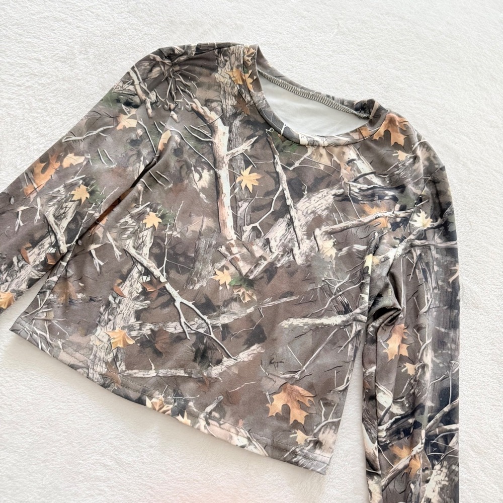 Juniors XS Camo Crop Top Long Sleeve Stretch Hunting Woodland Camouflage